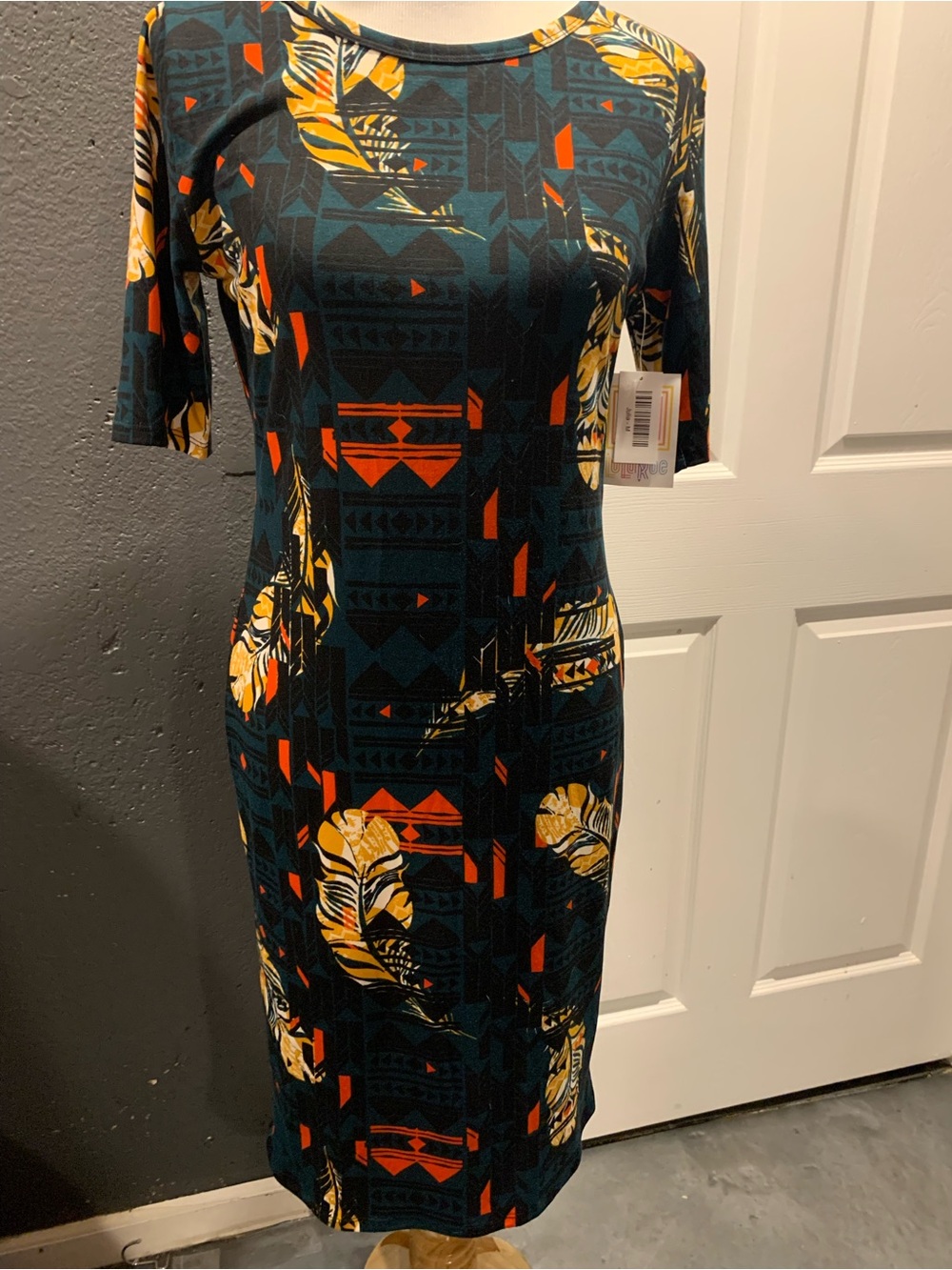 LuLaRoe Teal Midi Dress with Orange and Yellow Feather/Tribal Accents